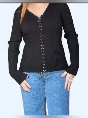 Belldini Black Ribbed Zip Studded Cardigan Women’s Size Large